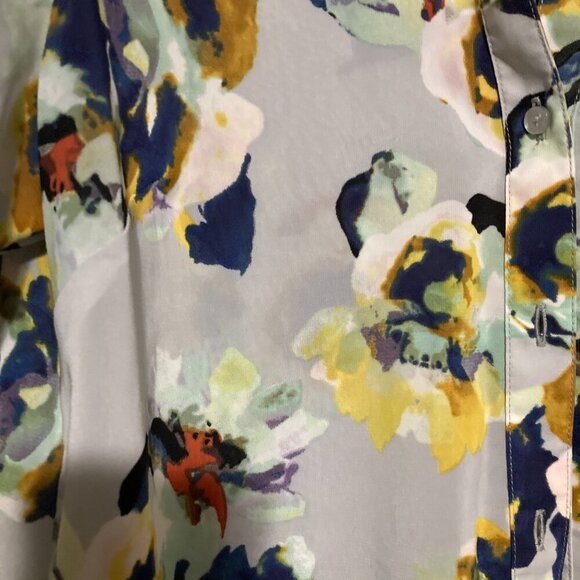 The Limited Size M Button Up Blouse Floral Blue Grey Yellow Long Sleeve Flowy - Picture 7 of 9